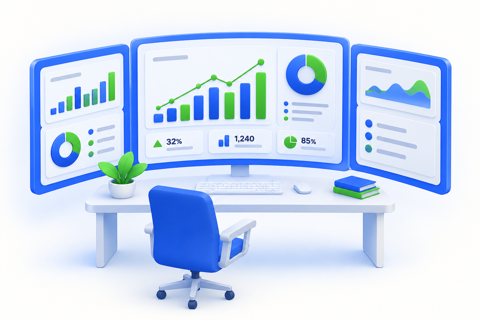 Curved multi-monitor workspace showing portfolio growth charts, allocation breakdowns and performance stats
